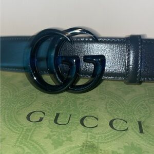 Gucci Navy Leather Belt with GG Buckle